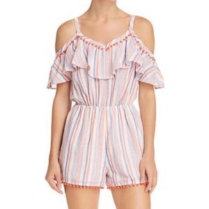 Moon River Ruffle Coral Stripe Cold Shoulder Pom Pom Vacation Romper Size Small